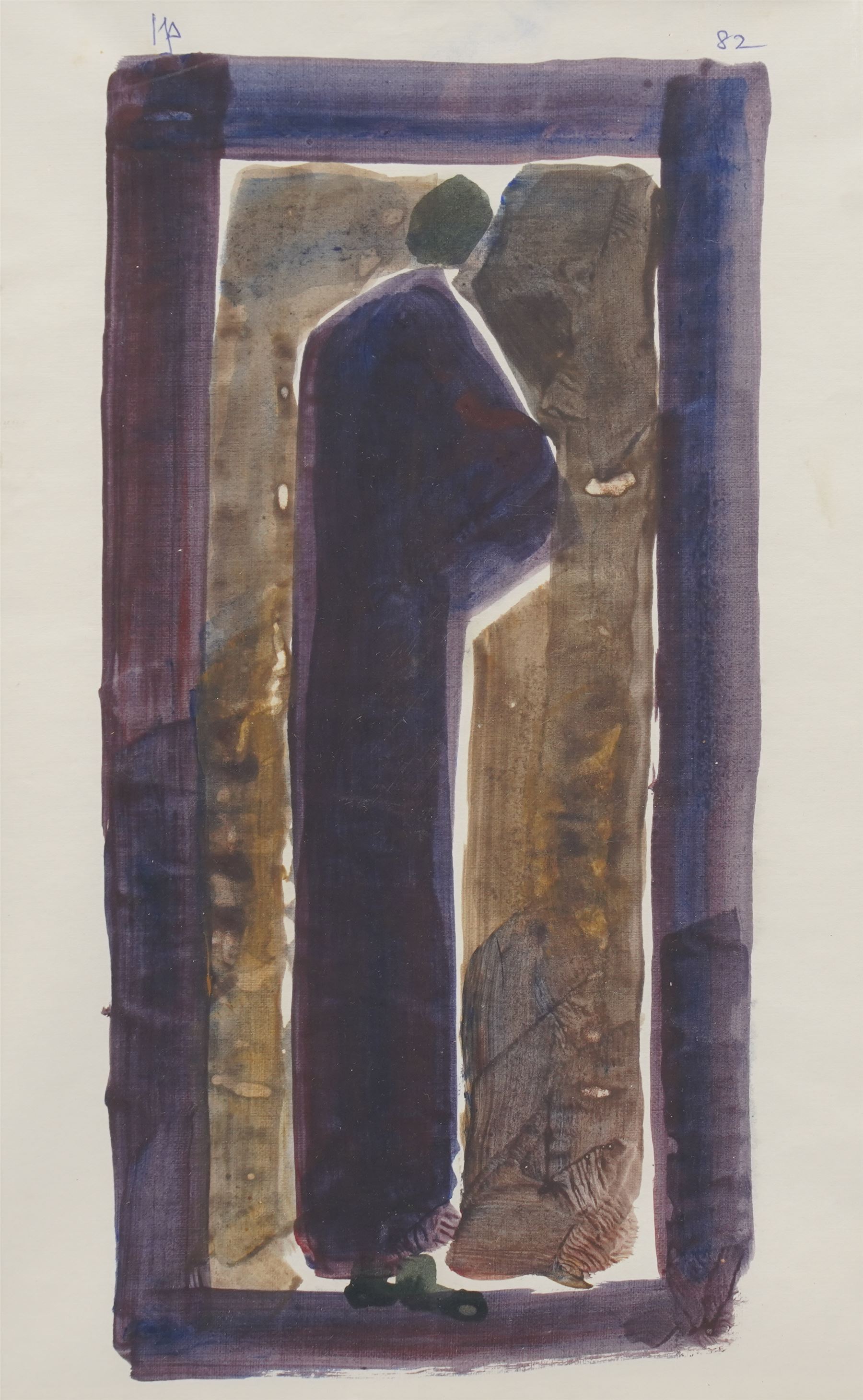 Ivan Peries (Sri Lankan - Columbo '43 Group): Standing Man (Indigo), watercolour on paper signed with initials and dated '82, 28cm x 18cm (unframed)

Notes: Ivan Peries was a founding member of the '43 group, a 20th century modern art group in Columbo (previously British Ceylon) in the mid-20th century. This and Lot 8 were part of a large series of similar works produced by Peries and begun in 1982, they are all dated '82 regardless of the production date in order to preserve continuity. The V&A museums contains three very similar works part of this series.

Provenance: The vendor was a very close friend of the artist and his family. These works were acquired from the wife of the artist - Veronica Peries, during the time she lived at Southend on Sea - UK.