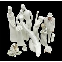 Six Royal Doulton figures, including Sir Winston Churchill HN3057, Peace HN2470, Lovers HN2762 etc, together with Lladro rabbit, and three Nao figures 