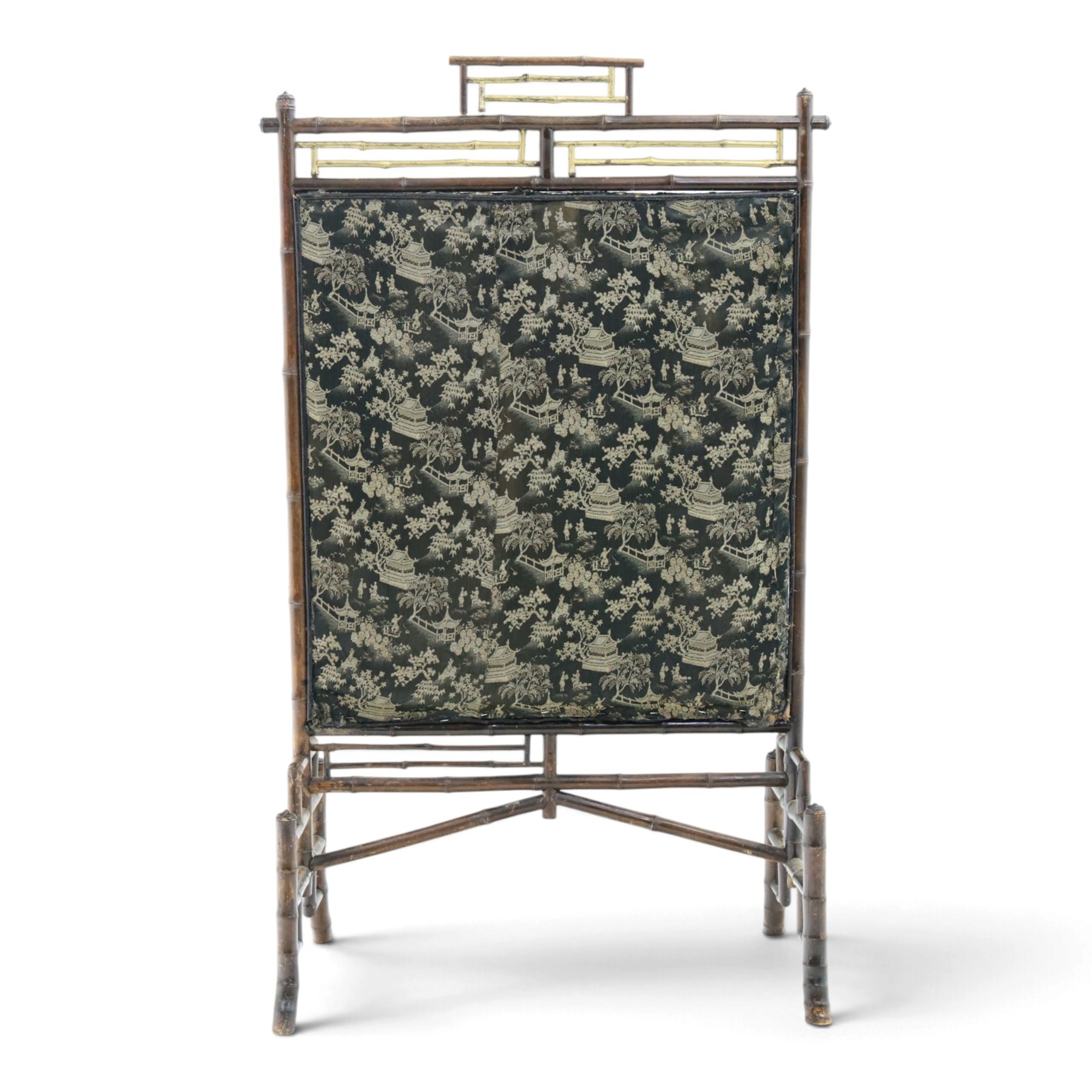 Victorian Aesthetic Movement bamboo framed fire screen, geometric bamboo frame with gilt elements, later applied fabric panel