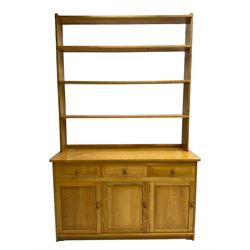 Treske - ash dresser, raised three height plate rack over three drawers and three panelled cupboards