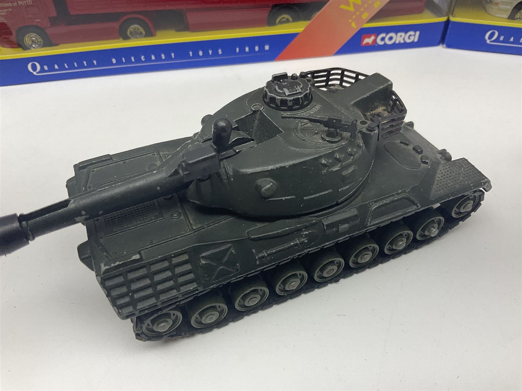 Crescent Saladin Armoured Patrol Set; boxed; unboxed Dinky Leopard Tank and American 105mm gun; two Corgi Superhaulers - TY86601 Scania Race Transporter Castrol Honda and TY86617 Scania Cutrainside Prestons of Potto; both boxed; and post-WW2 German clockwork tin-plate three-piece train set