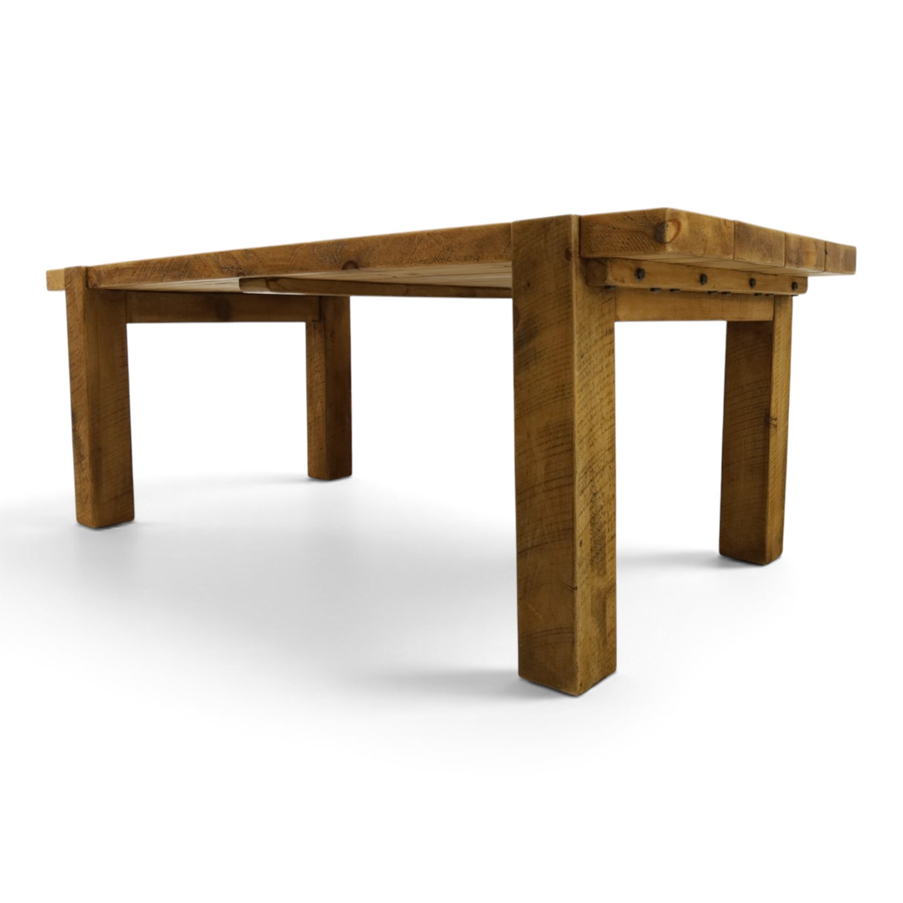Indigo Furniture - large rustic oak dining table, rectangular four plank top raised on square supports; with set of six beech high ladder-back dining chairs