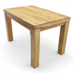 Contemporary oak dining suite, comprising rectangular table with solid top and square legs, together with four brown leather upholstered dining chairs with oak legs (5)