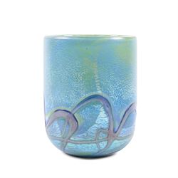 Okra scent bottle, of squat form with marbled blue iridescent design, together with Okra vase, dish and another similar art glass vase, scent bottle H12cm