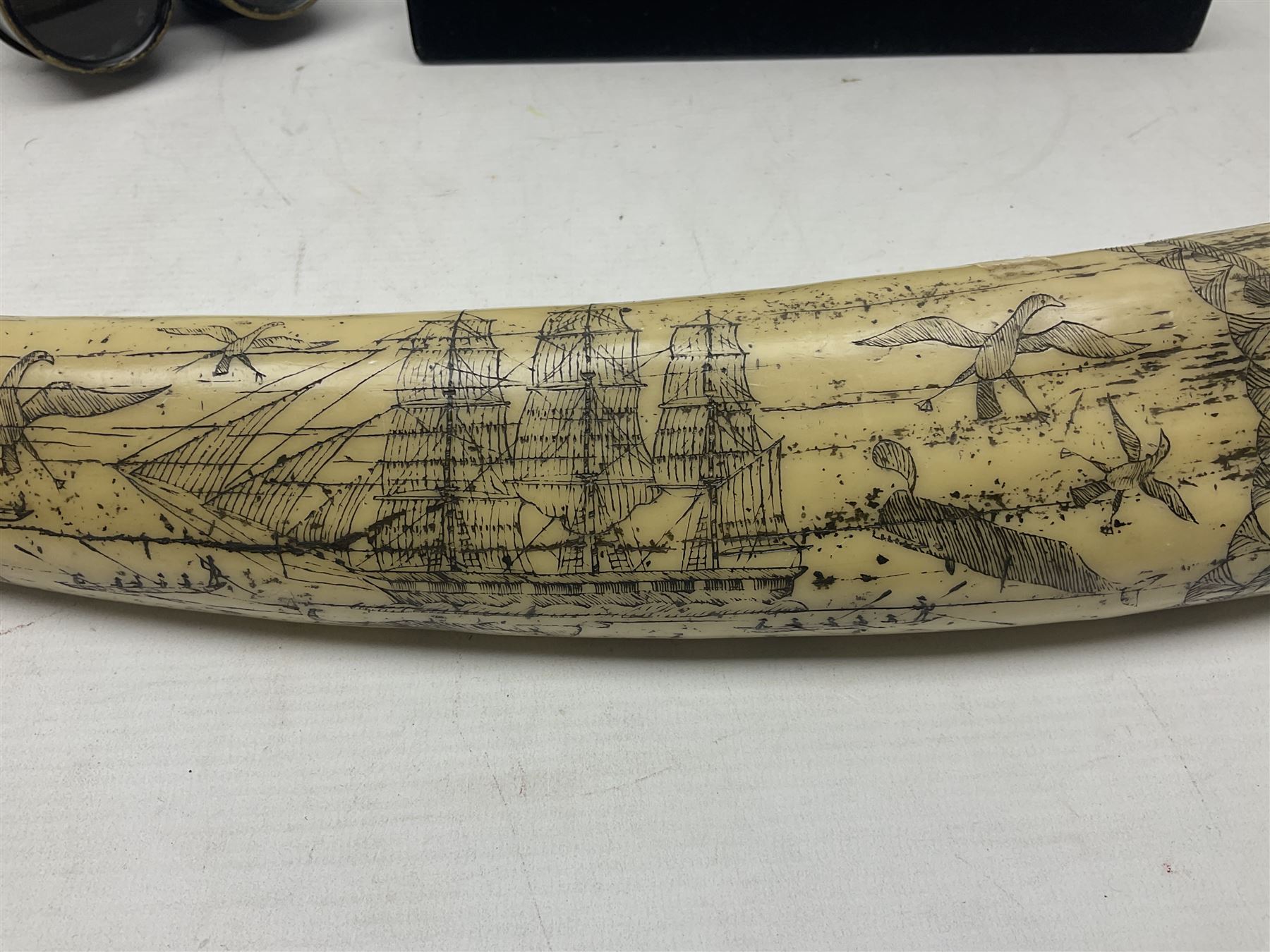 Horn handled magnifying glass and letter opener cased set, replica Scrimshaw in the form of a tusk titled The Ship Charles W Morgan New Bedford and pair of binoculars