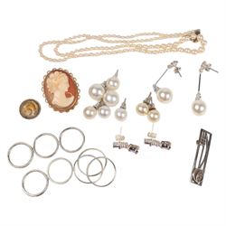 9ct gold cameo brooch, hallmarked, silver jewellery including rings and brooch, cultured p...