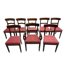 Harlequin set of eight 19th century mahogany bar back dining chairs, drop in seat upholstered in foliate patterned crimson fabric (7+1)