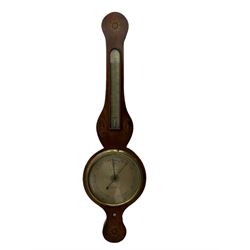 William IV mercury wheel barometer in a mahogany case with stringing to the edge and inlaid conche and floral motifs, with a round top and conforming base, long rounded top thermometer box with a silvered register and mercury thermometer, 8” silvered register with weather predictions, recording barometric pressure from 28 to 31 inches, dial inscribed “F Molton Norwich” With a steel indicating hand and brass recording hand (Button missing).
Francis Molton is recorded as a Norwich watch and clockmaker, optician and barometer maker 1830-42.

