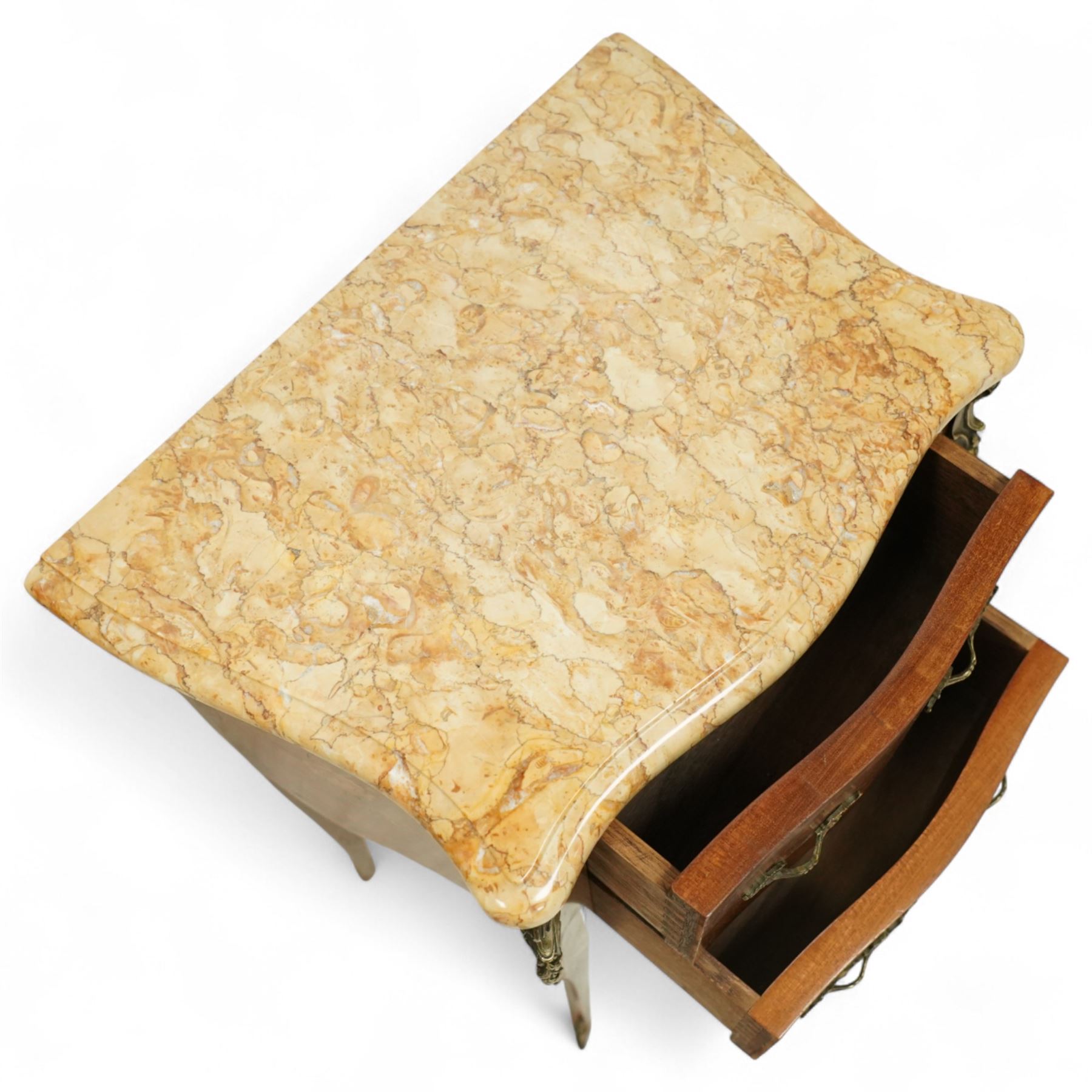 Pair of early 20th century French marquetry bedside cabinets, each serpentine marble top above two drawers with floral inlay, ormolu mounts and handles, on slender cabriole supports with sabots