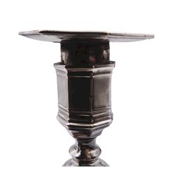 Edwardian silver mounted candlestick, of octagonal knopped and tapering form, modelled in the George III style, hallmarked Hawksworth, Eyre & Co Ltd, Sheffield 1901, H23.5cm