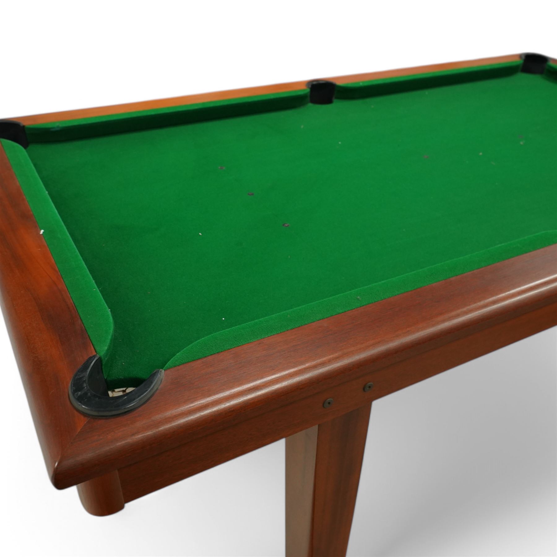Riley - convertible snooker dining table, with green baize playing surface and removable twin-panel mahogany-effect dining top, raised on square tapering legs, complete with four matching chairs, includes; four cues, a set of snooker balls, triangle, baize brush, chalks, scoreboard, cross rest, spider rest