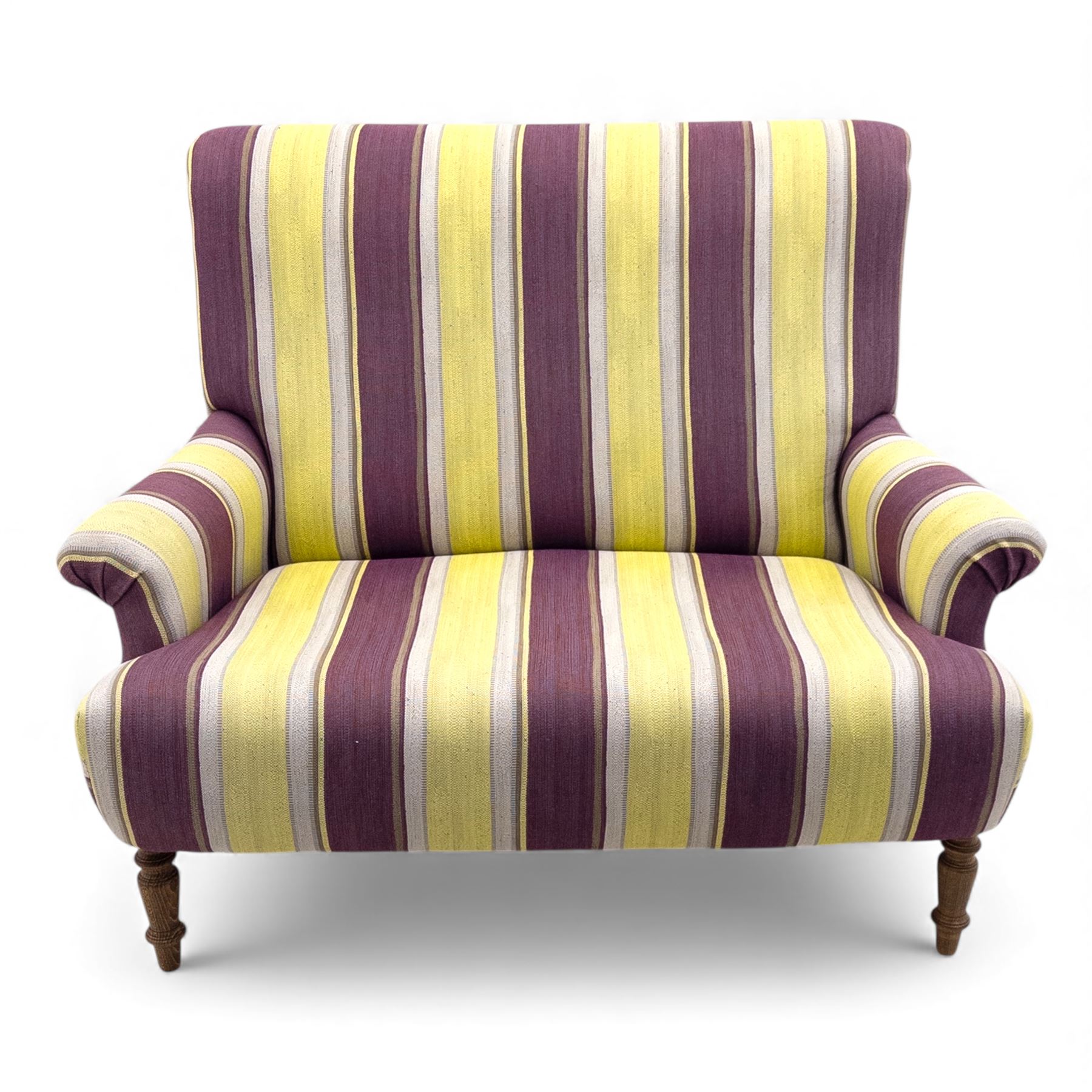 Sofa.com - ‘Jethou’ two seat sofa, upholstered in striped fabric of purple, yellow, and cream tones, with scroll arms and cushioned back, raised upon turned wooden front legs