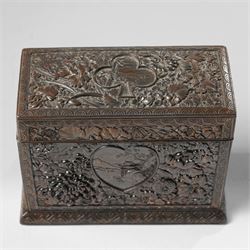 Japanese Meiji period bronze playing card box, decorated with intricate repoussé floral motifs, marked to base