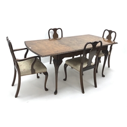  Regency style walnut extending dining table, acanthus carved cabriole legs on pad feet, single leaf (W183cm, H77cm, D92cm) and set four (2+2) dining chairs, upholstered seat (W58cm)   