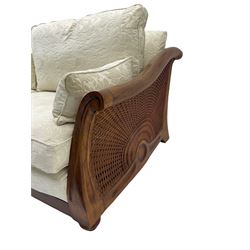 Multi-York - Hardwood framed bergère lounge suite, three seat sofa (W204cm), and pair matching armchairs (W90cm), upholstered in cream floral pattern fabric 