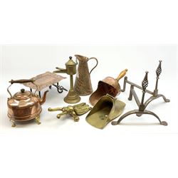 A group of assorted metalware, to include a copper Arts & Crafts trivet upon wrought iron legs, electric copper kettle, copper coal scoop, brass oil lamp filler, pair of andirons, a cased set of silver plated fish eaters, a further cased set of fish eaters and servers, and a cased set of fish servers, etc. 