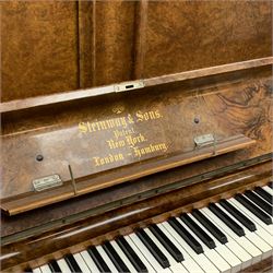 Steinway & Sons - late 19th century figured walnut upright piano, iron framed and overstrung, model no. 56174 circa. 1886, W154cm, H137cm, D70cm, together with a quantity of sheet music