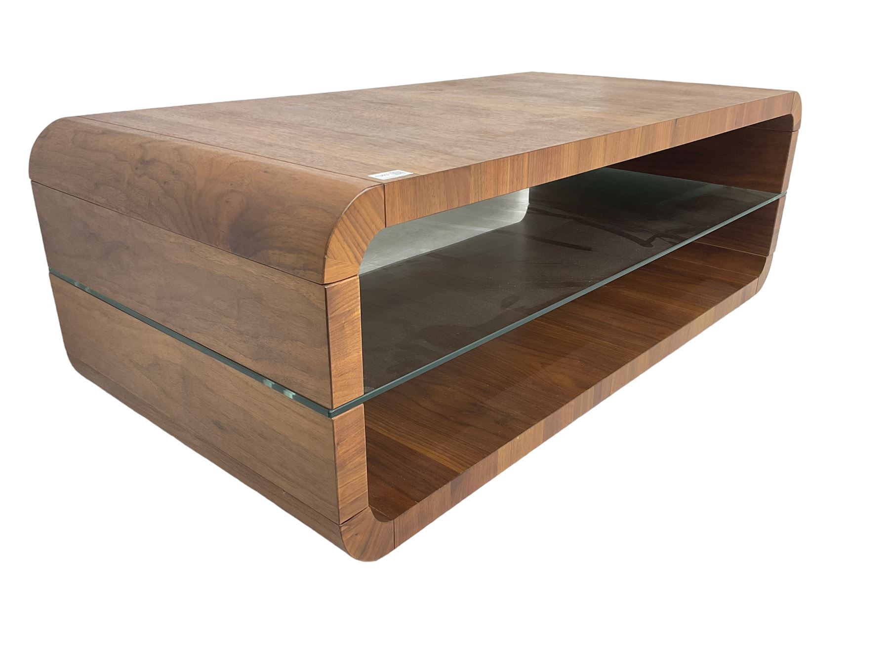 Contemporary walnut coffee table, curved rectangular form, fitted with central glass shelf