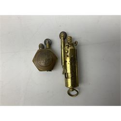 Assorted collectables comprising interwar brass compass with mother of pearl dial, brass seal with turned ebonised handle, two trench art type cigarette lighters, brass mounted crucifix, and spokeshave detailed Prestons Patent