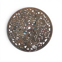 Cast iron garden table and four chairs, in the Art Nouveau style, with pierced floral and foliate decoration throughout, circular table raised on four cabriole legs with stretcher ring, chairs with shaped openwork backs and seats, in a weathered green finish