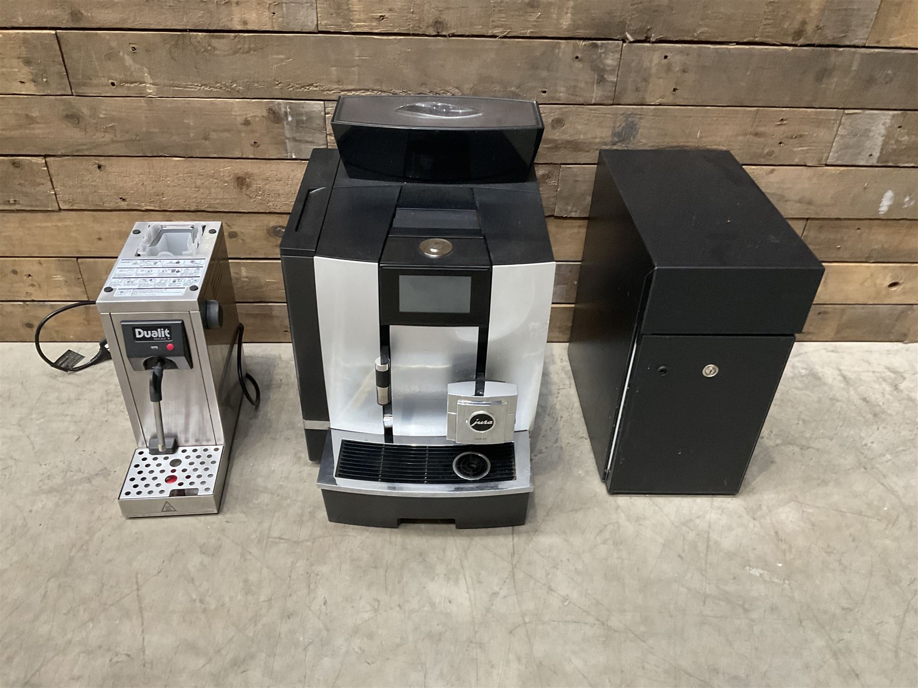 Jura GIGA X3 commercial coffee machine, Dualit Milk Frother and a Milk cooling cabinet, with other accessories