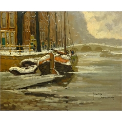 J Van Dijk (Dutch 20th century): 'Amsterdam', oil on canvas signed and titled 48cm x 58cm