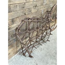 Two vintage agricultural harrows and cast iron machinery wheel/gear