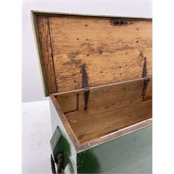 Victorian pine blanket box, cushion upholstered top, roped handles, plinth base 