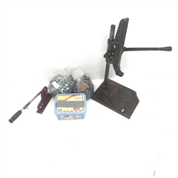 Various hand tools comprising Stanley combination plane, a button press, router jig and a Hilka 6