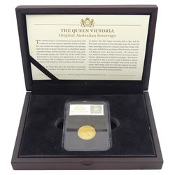 Queen Victoria 1864 Australian gold full sovereign coin, Sydney Mint, housed in a plastic holder with CPM information leaflet and display box