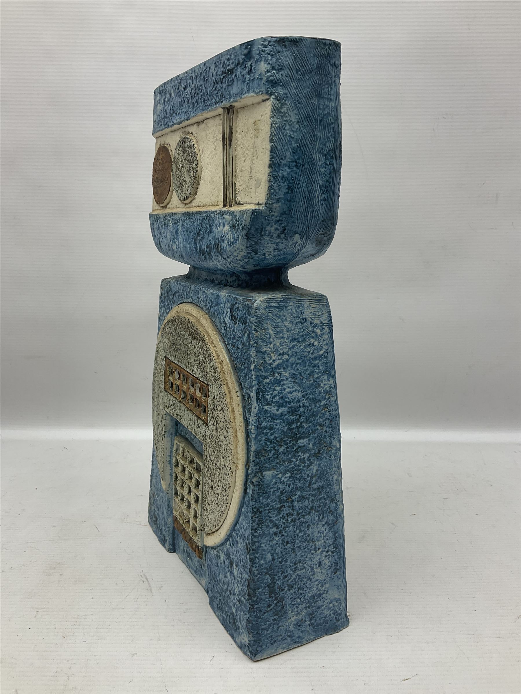 Large Troika double base vase, decorated with geometric design upon a blue ground, designed by Annette Walters, with painted marks beneath, H36cm  