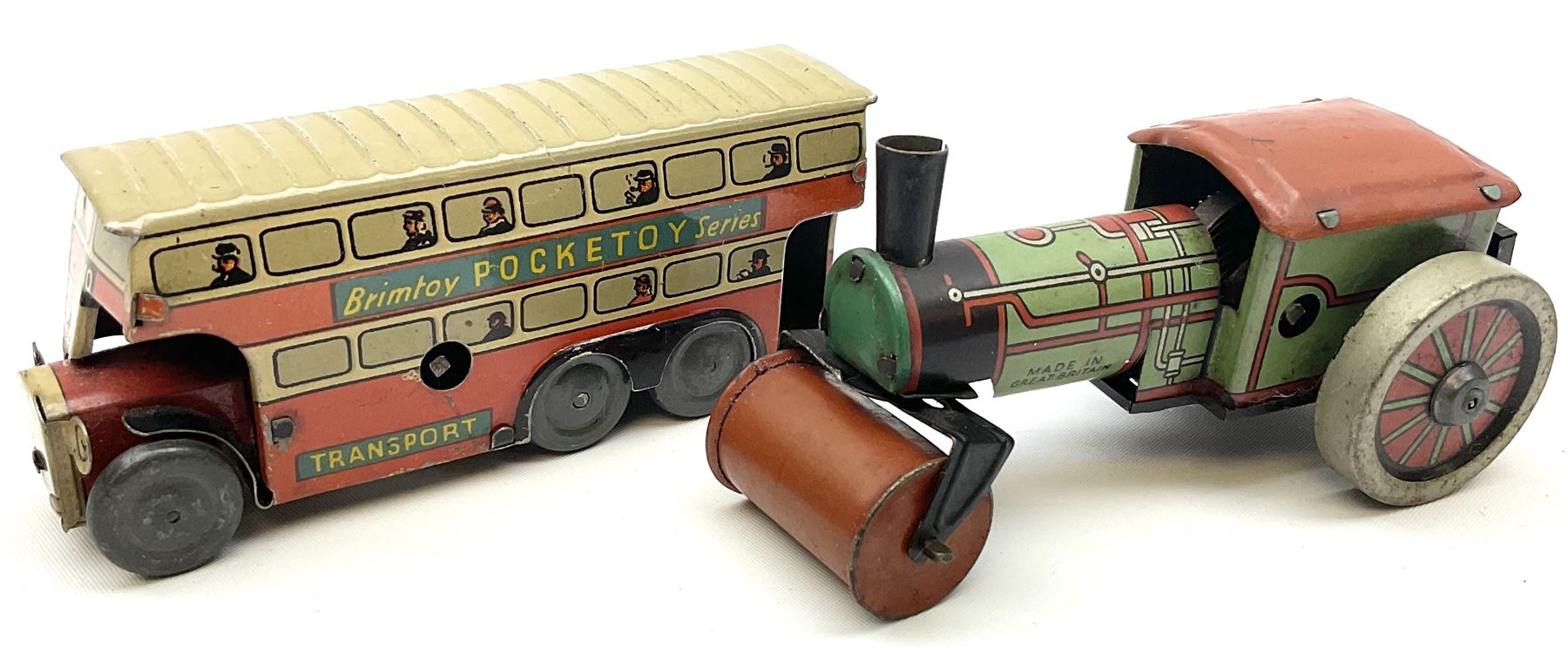 Wells Brimtoy/Pocketoy - eight tin-plate/clockwork or friction-drive vehicles comprising London Trolley Bus, two Double Decker buses, Tour Coach, Greenline Coach, open truck, boxed British railways van and Steam Roller; seven unboxed; and Pocketoy die-cast clockwork saloon car  (9)