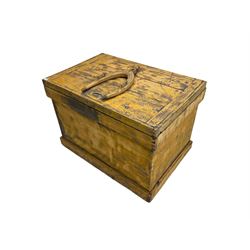 19th century scumbled pine horse tack storage box with yoke atop lid, and 'horse' inscribed on front