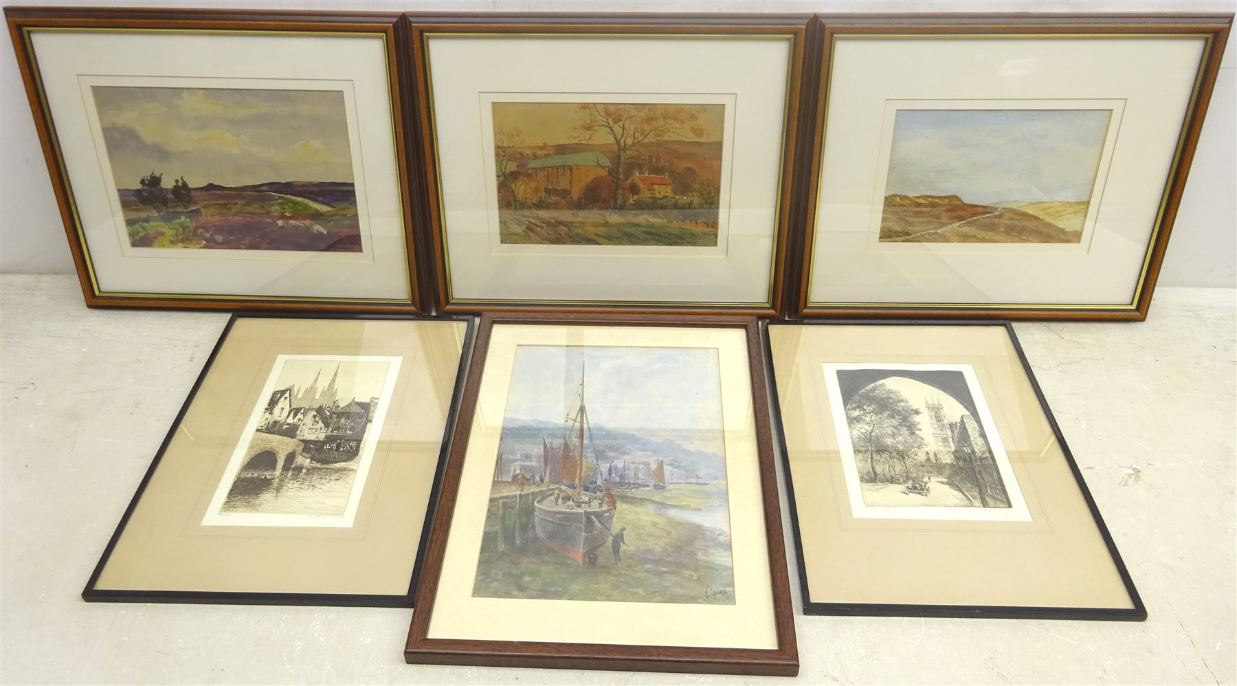 DJ Bevan (British 20th century): Moorland Scenes, three watercolours, two signed and one dated 16/12/41, Boats in the Harbour, early 20th century watercolour signed H Callen, and two etchings indistinctly signed and titled, max 34cm x 24cm (6)