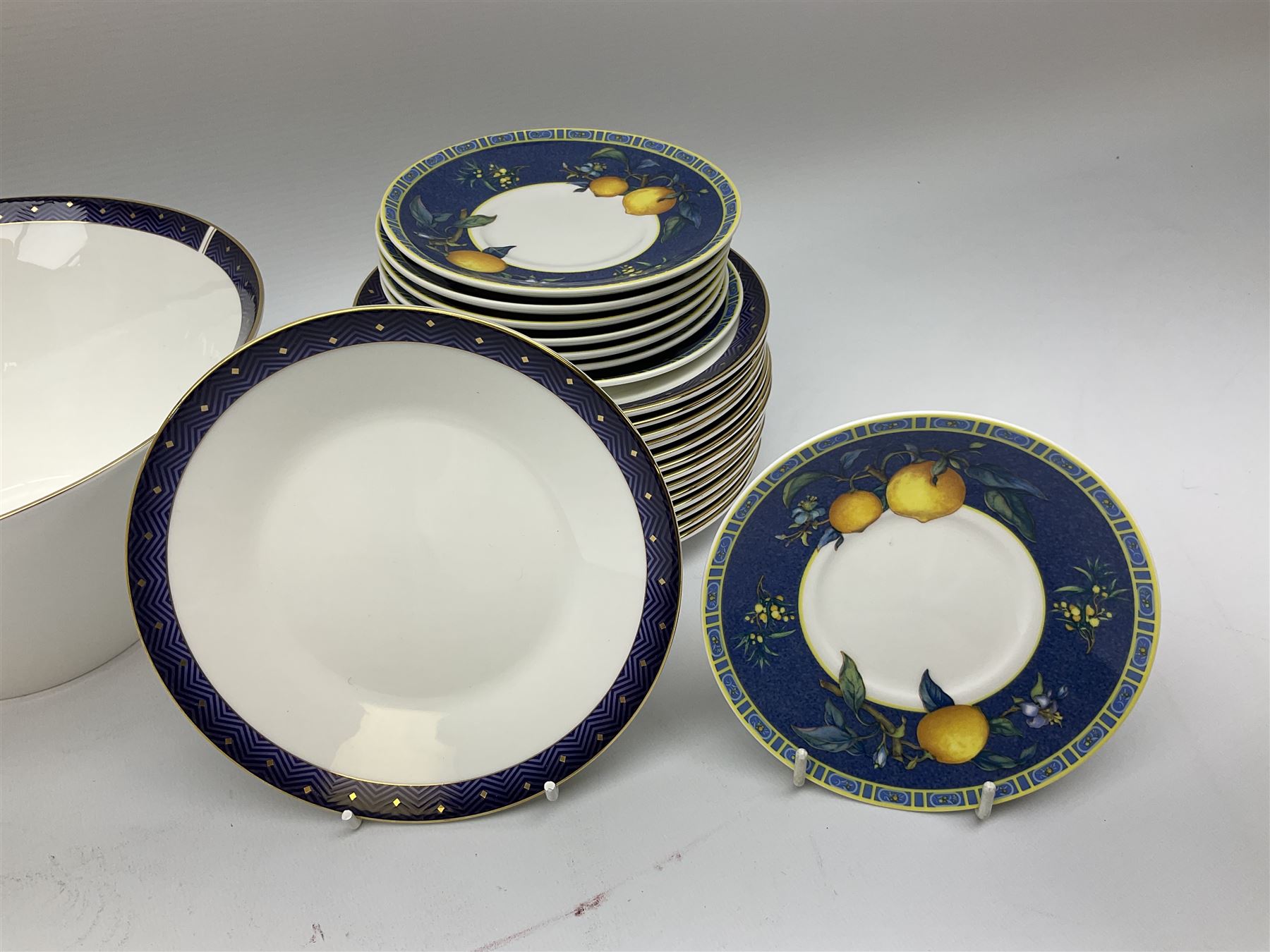 Wedgwood Midnight pattern tea and dinner wares, comprising seven cups and saucers, large jug, eight soup bowls, two large bowls, together with wedgwood citrons coffee wares