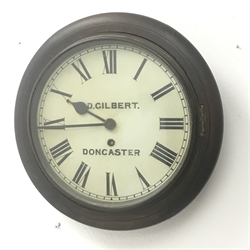 Early 20th century circular beech dial clock, the Roman dial signed 'D. Gilbert Doncaster', single train driven movement, D34cm (with pendulum)