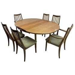 G-Plan - teak extending dining table, circular pull-out action top with folding butterfly leaf (D122cm - L168cm, H74cm); together with a set of six (4+2) dining chairs