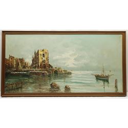 Continental School (20th century): Seascape with Castle, oil on canvas indistinctly signed 60cm x 121cm