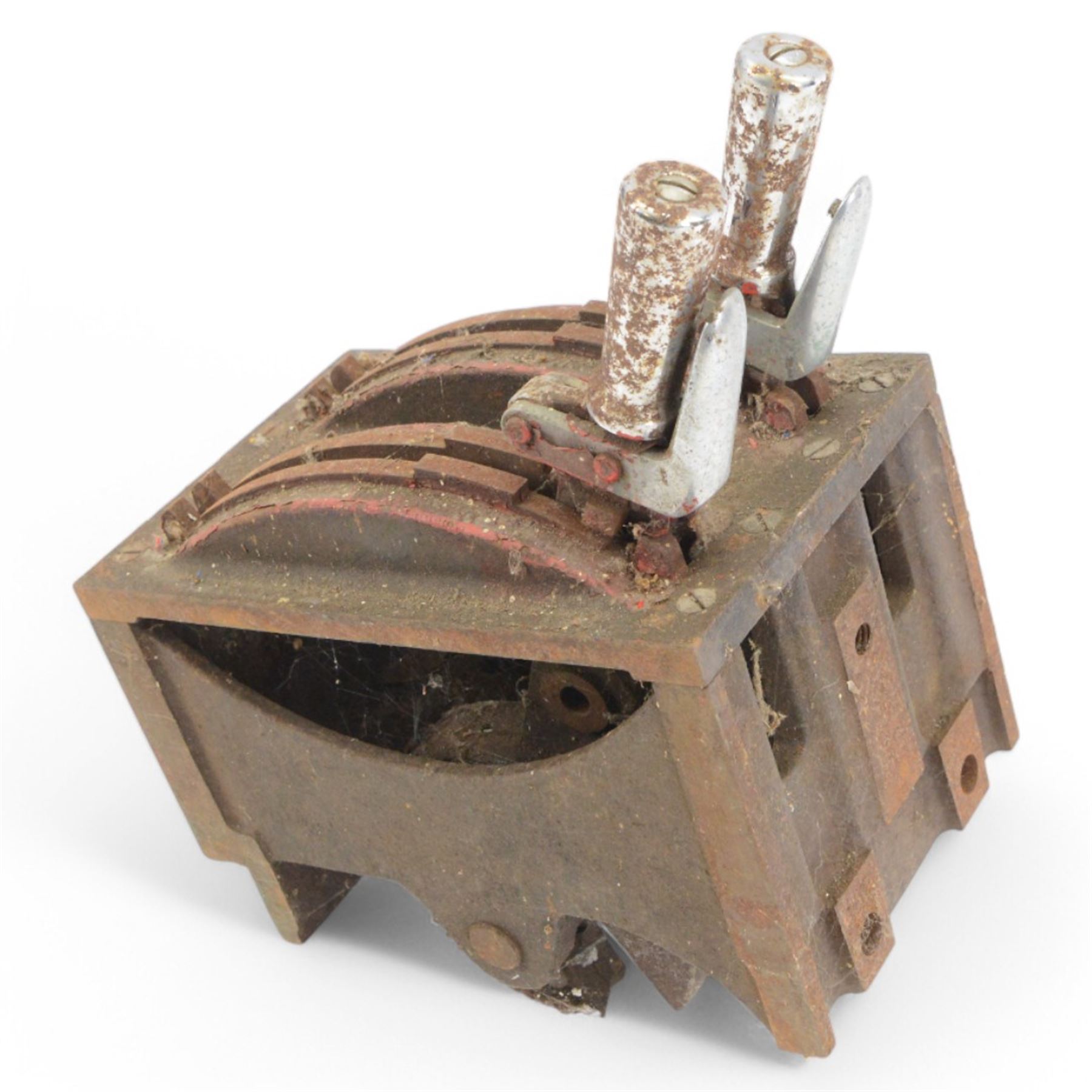 Railway signal box two lever frame, to top of handle H26cm