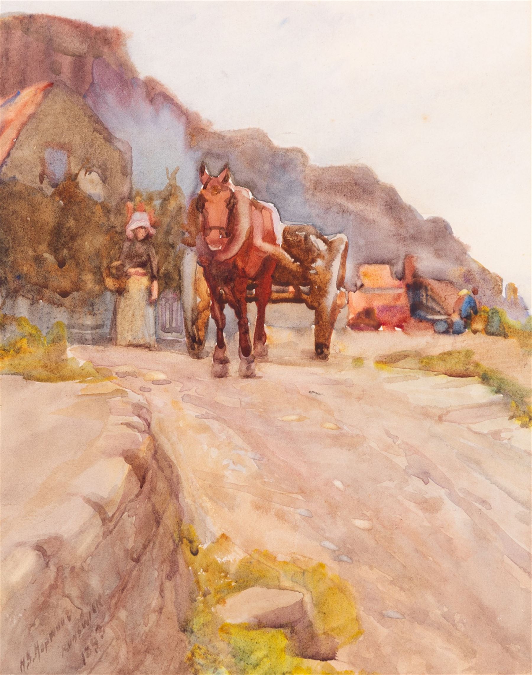 Henry Silkstone Hopwood (Staithes Group 1860-1914): Horse and Cart at 'Runswick', watercolour signed titled and dated 1893, 28cm x 22cm