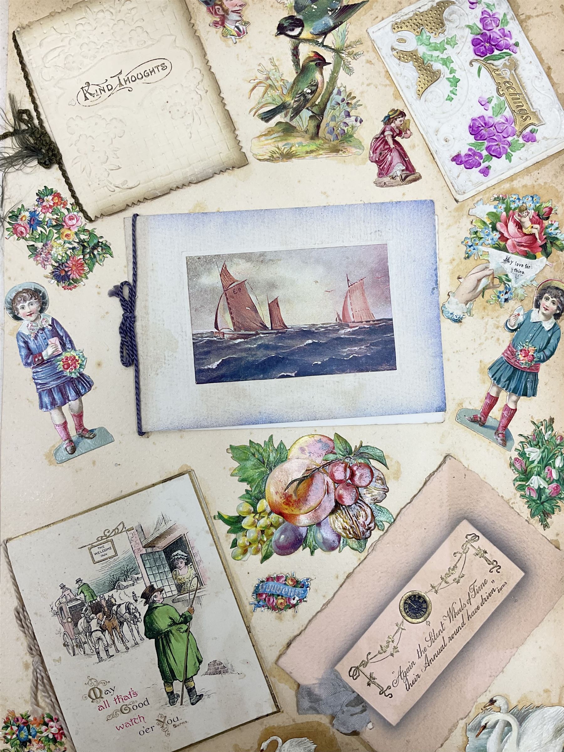 Victorian scrapbook of various fixed decoupage to include, greeting cards, portraiture, flowers, animals etc,