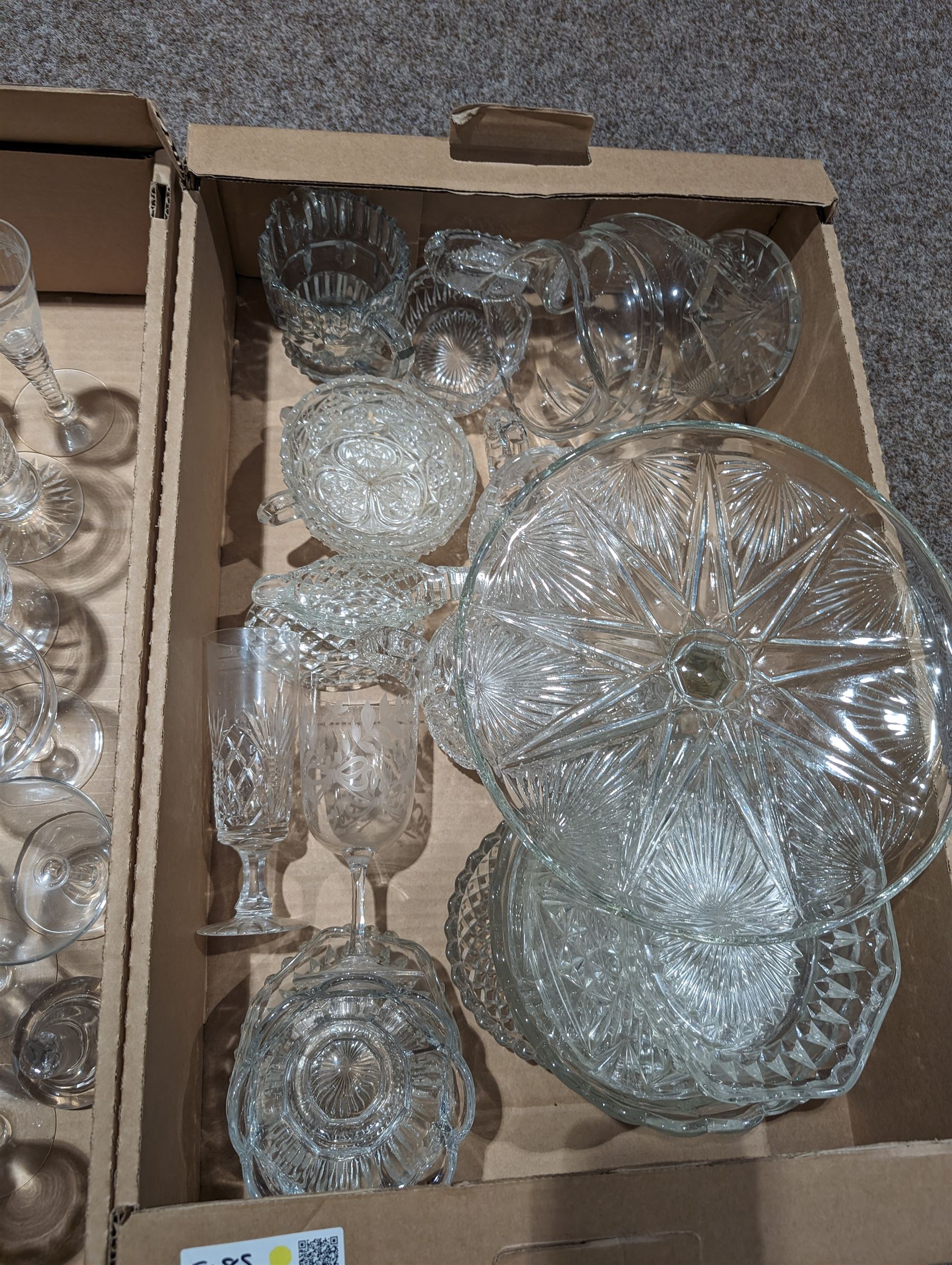 Stuart Crystal drinking glasses, including cut and etched examples, together with a collection of other cut glass and similar, including, decanters, vases, drinking glasses, jugs, etc