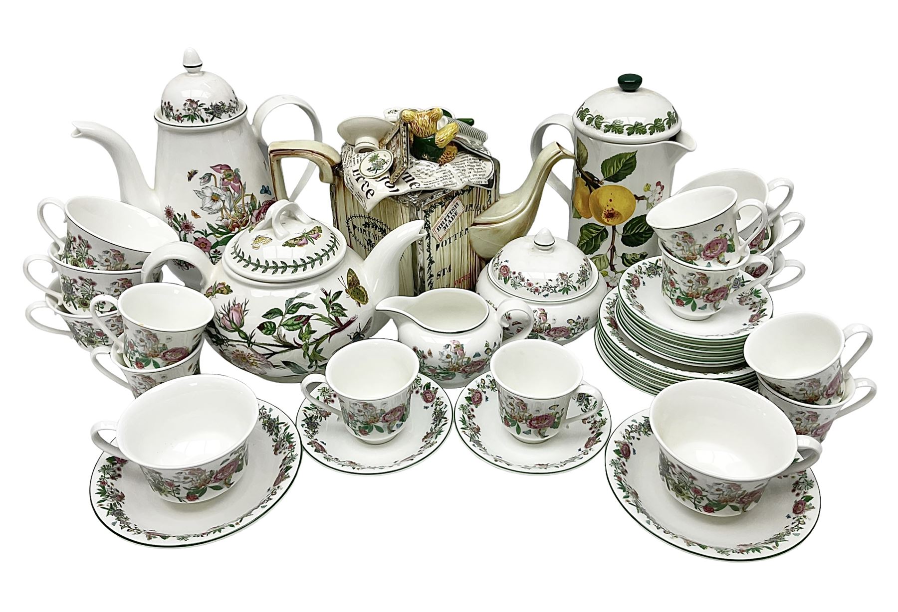 Portmeirion tea wares, in various patterns including Botanic Garden, Summer Garland and Portmeirion, to include limited edition novelty teapot, teapot, coffee press, coffee pot, covered sucrier, eight teacups and saucers, etc 