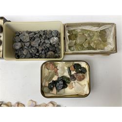 Collection of loose uncut stones including star sapphire, green amethyst, opal, topaz and moonstone and two sets of tools