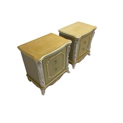 Pair Rococo style wood finish bedside chests, fitted with two drawers, decorated with scrolled foliate and flower heads 