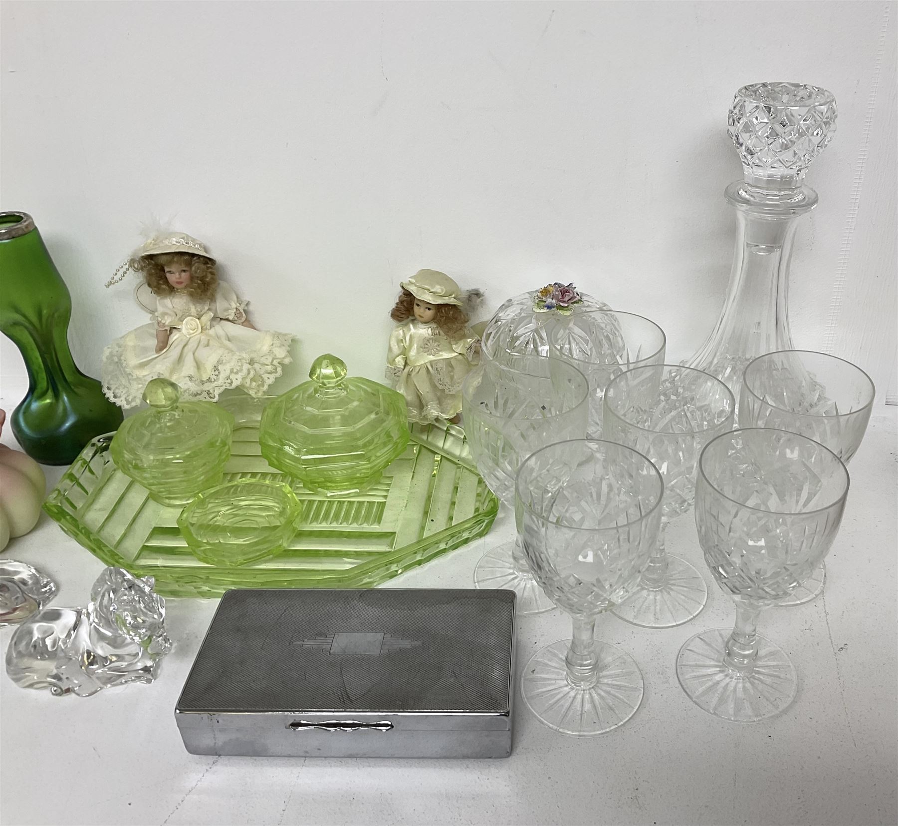 Uranium glass dressing table, bleikristall horse figures, dimple vase with silver collar, etc 