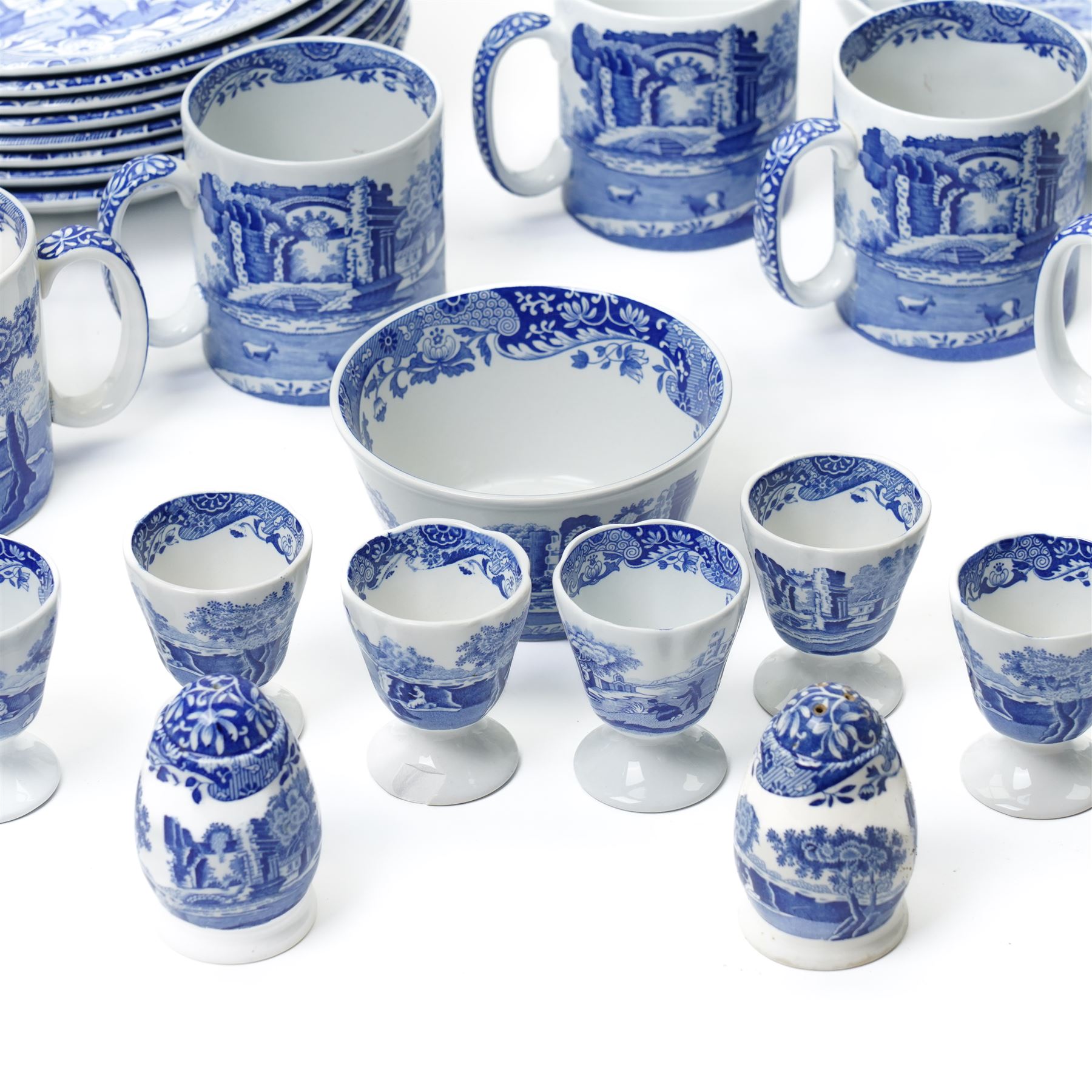 Large and extensive collection of Spode Italian blue and white tea and dinner wares, including various sized plates, serving dishes, mugs, etc, with mixed blue and black backstamps