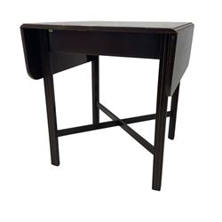 19th century mahogany drop-leaf occasional table, rectangular top with two drop leaves, raised on fluted supports united by X-stretcher