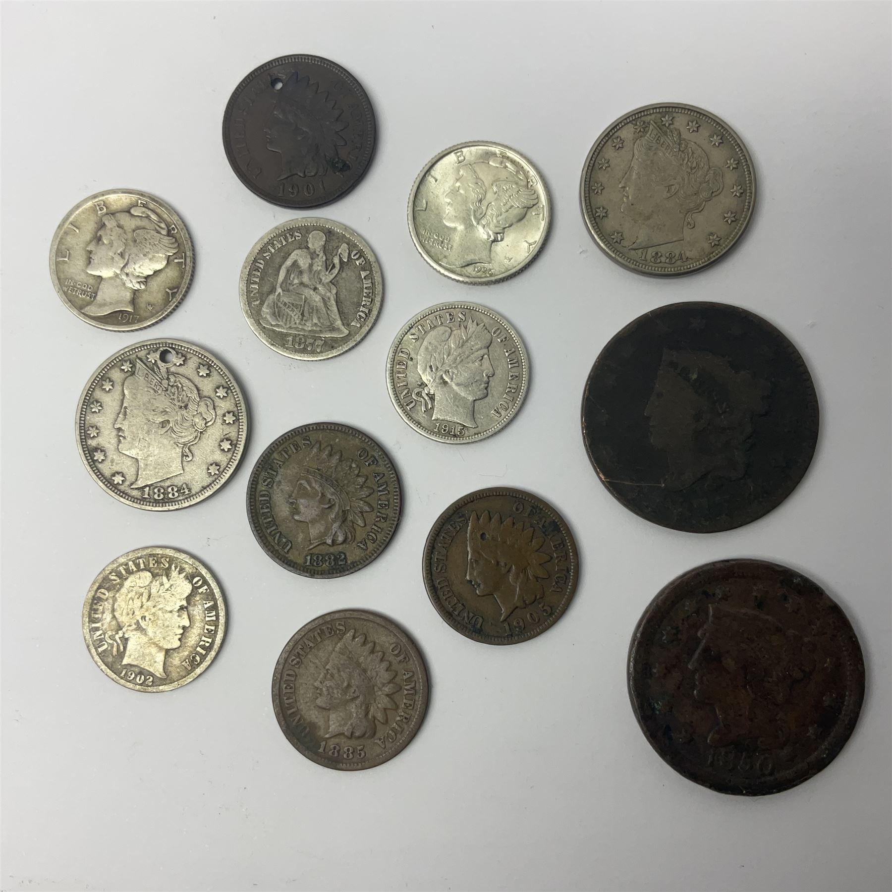 Coins, tokens, paranumismatic and miscellaneous items, including United States of America 1850 one cent, 1877 one dime, 1884 five cents, 1926 Liberty dime etc, Queen Victoria New Brunswick 1843 one penny token, East India Company 1845 half anna, Chinese cash coins, Grand Lodge of Maryland November 16th 1886 Centennial Session medallion etc