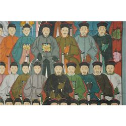 Large and impressive Chinese ancestral portrait, late Qing dynasty, gouache on stitched canvas with gilded highlights, showing thirty-eight sitters across four registers, the principal ancestors depicted before an altar table holding various ritual items, each in official dress and many wearing Golden Pheasant (Second-rank) and Silver Pheasant (Fifth-rank) Mandarin squares or 'buzi', overall 190cm x 131cm 